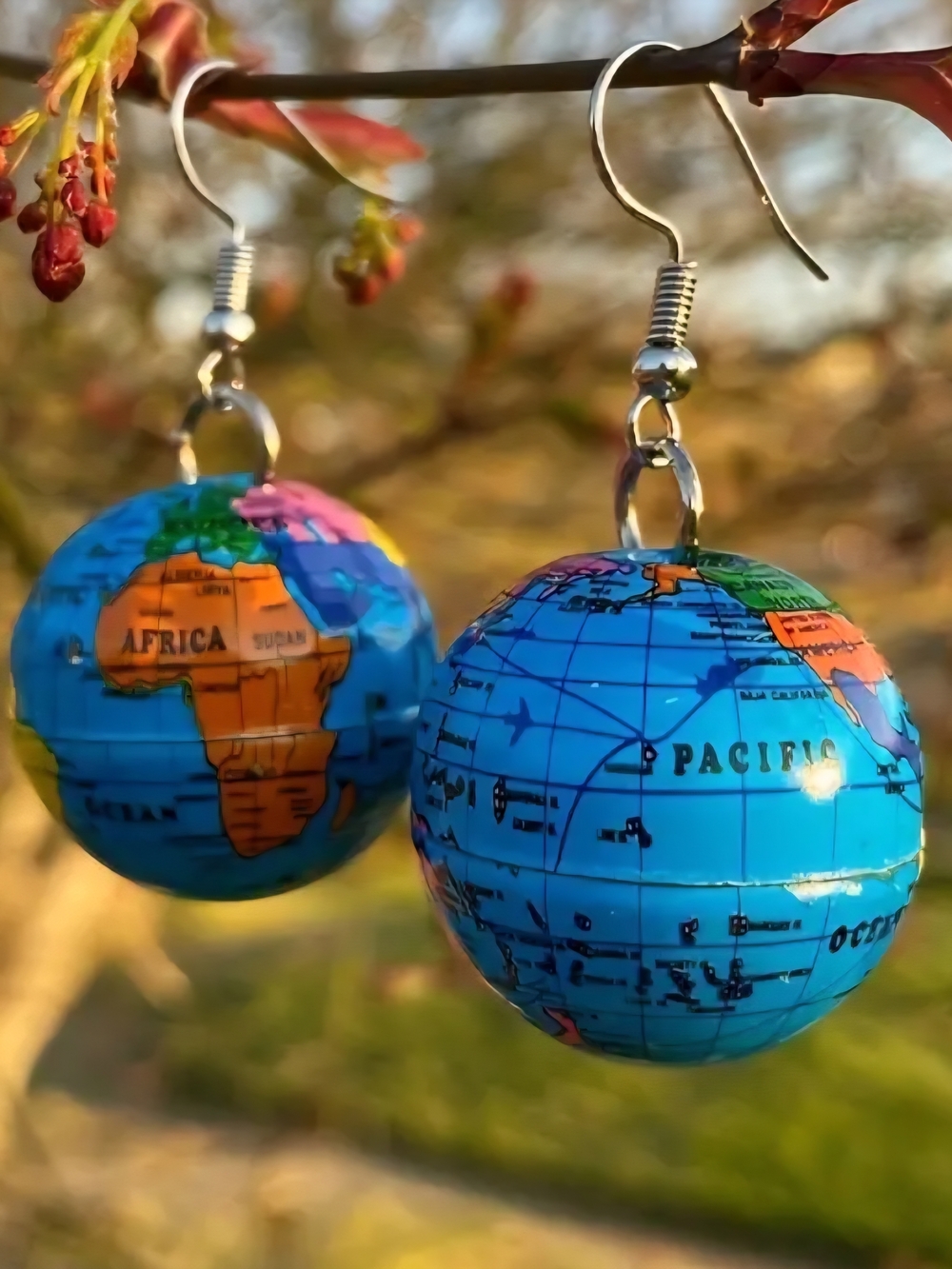 Globe Drop Earrings in Bright Blue - World Map Design